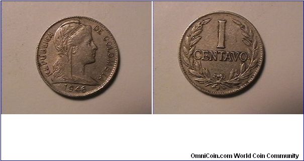 REPUBLICA DE COLOMBIA
1 CENTAVO
1946-B
copper-nickel