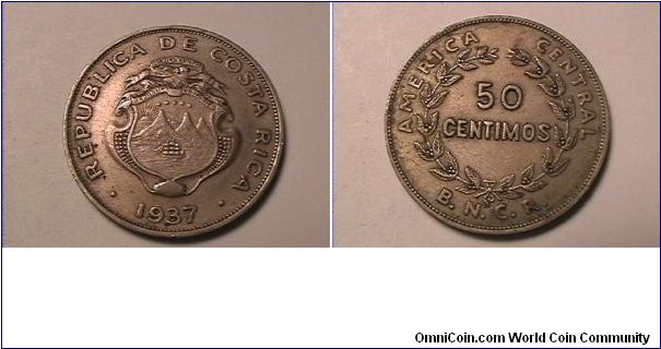 REPUBLICA DE COSTA RICA
AMERICA CENTRAL 50 CENTIMOS
B.N.C.R.
copper-nickel