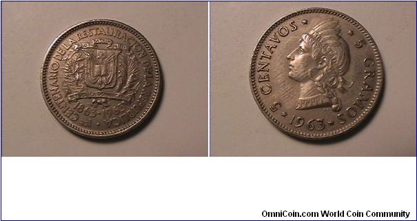 REPUBLICA DOMINICANA 1ER CENTENARIO DE LA RESTAURACION DE LA REPUBLICA
5 CENTAVOS 5 GRAMOS
copper-nickel