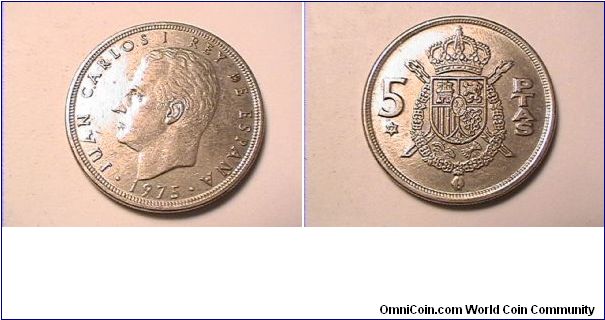 JUAN CARLOS I REY DE ESPANA 
5 PESETAS
1975 (77 IN STAR)
copper-nickel