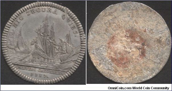 Trial strike (uniface) in tin for the reverse of the 1737 jeton for the `Parties Casuelles'. Engraved by Jean Duvivier, Paris mint.