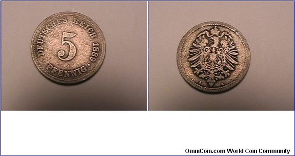 German Empire
DEUTSHES REICH 5 PFENNIG
1889-A
copper-nickel