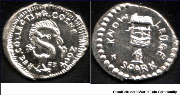 Handstruck silver token, made the same way as the Roman denarius, and denominated as `1 Spark'. Made for the newsgroup rec.collecting.coins
in 2004.