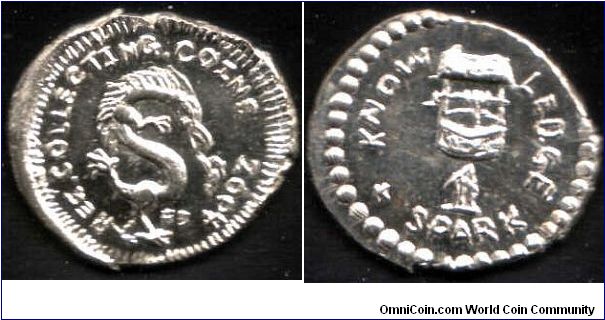 Handstruck silver token, made the same way as the Roman denarius, and denominated as `1 Spark'. Made for the newsgroup rec.collecting.coins
in 2004.