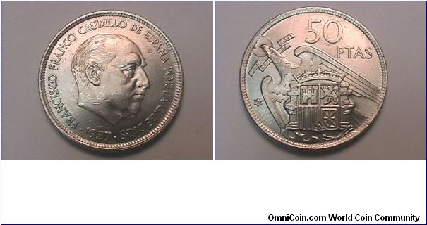 FRANCISCO FRANCO CAUDILLO DE ESPANA POR LA G DE DIOS
50 PESETAS
1957 (59 IN STAR)
copper-nickel