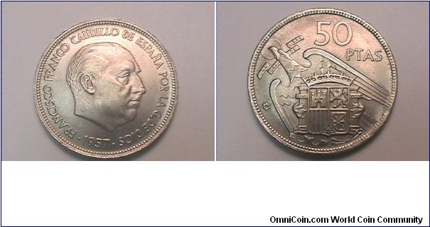 FRANCISCO FRANCO CAUDILLO DE ESPANA POR LA G DE DIOS
50 PESETAS
1957 (60 IN STAR)
copper-nickel
