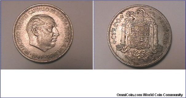 FRANCISCO FRANCO CAUDILLO DE ESPANA POR LA G DE DIOS
CINCO PESETAS
1949 (1950 IN STARS)
nickel