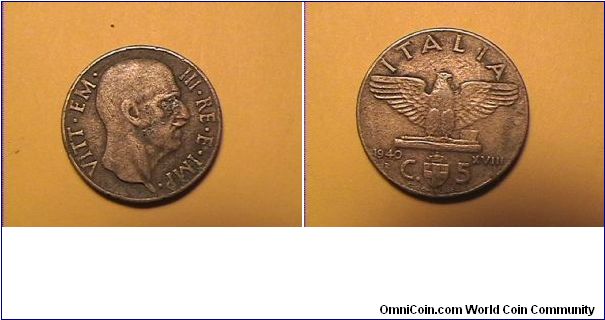 VITT EM III RE E IMP
5 CENTESIMI
alum-bronze
year XVIII