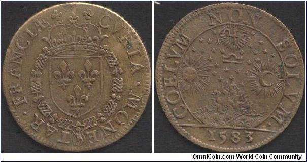 Jeton dated 1583 struck in latten and issued for the Mint Administration (Cour des Monnaies) during the reign of Henri III of France. This jeton is (I believe) an error in that it has the reverse used for 1582.