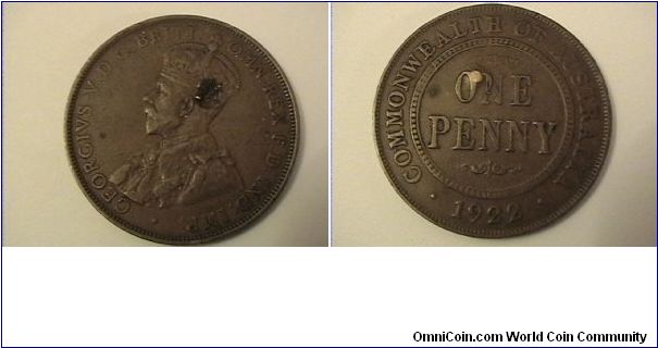 GEORGIVS V DG BRITT OMN FD IND IMP
COMMONWEALTH OF AUSTRALIA
ONE PENNY
bronze ding on crown