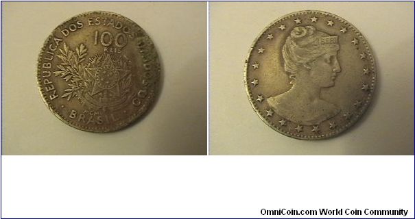 REPULICA DOS ESTADOS UNIDOS DO BRASIL
100 REIS
date in roman numbers 1901
copper-nickel