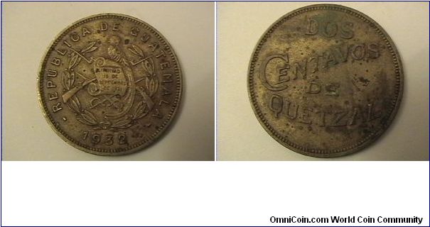 REPUBLICA DE GUATEMALA
DOS CENTAVOS DE QUETZAL
brass