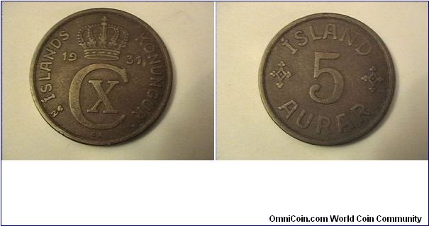 ISLANDS KONUNGUR
ISLAND 5 AURAR

1931 N GJ
bronze