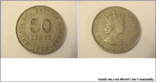 QUEEN ELIZABETH THE SECOND
MALAYA AND BRITISH BORNEO
50 CENTS
1958-H
copper-nickel