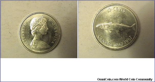 ELIZABETH II DG REGINA
10 CENTS
CANADA 1867-1967
0.800 silver