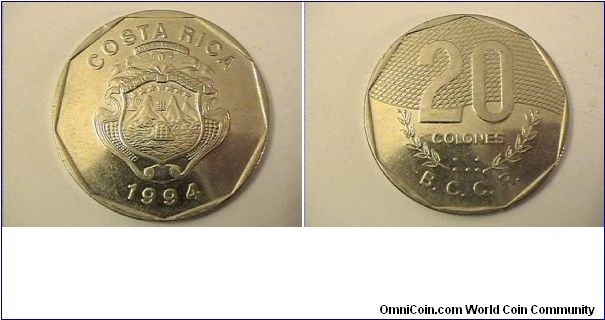 COSTA RICA
20 COLONES
B.C.C.R.
stainless steel