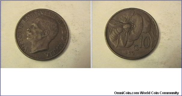 VITTORIO EMANVELE III RE D'ITALIA
10 CENTESIMI
1932-R
copper