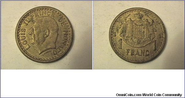 LOUIS II PRINCE DE MONACO
1 FRANC
no date
alum-bronze