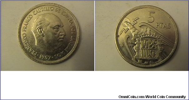 FRANCISCO FRANCO CAUDILLO DE ESPANA POR LA G DE DIOS
5 PESETAS
(73 in star) copper-nickel