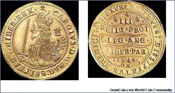 RAWLINS work Triple Unite 1644 OX England largest gold coin. Charles 
holding a sword amd an olive branch, a magnificent speciman Ex.Lockett S2730

MORE COINS @
www.petitioncrown.com

e-mail: info@petitioncrown.com