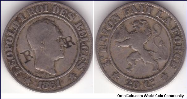 20 Centimes 1861 - Countermarked with 2 R's