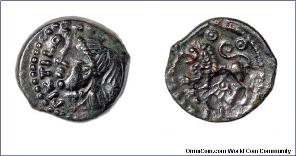 Obv: Bust of Minerva (?) left, with Celtic neck torc, PIXTILOS.
Rev: Lion left, geometic designs above and below, PIXTILOS.
