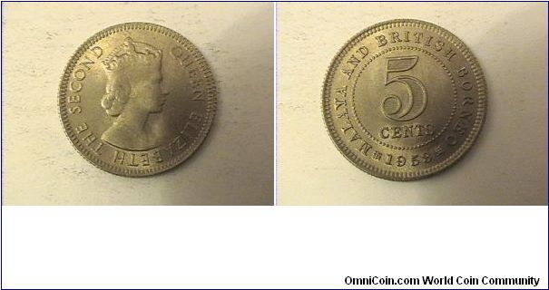 QUEEN ELIZABETH THE SECOND
MALAYA AND BRITISH BORNEO
5 CENTS
copper-nickel