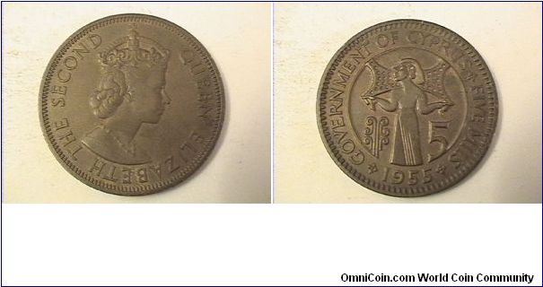 QUEEN ELIZABETH THE SECOND
GOVERNMENT OF CYPRUS FIVE MILS
bronze