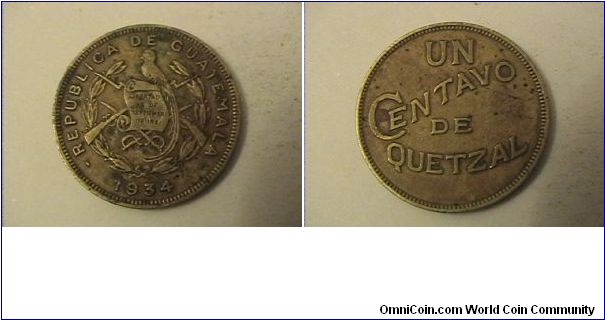 REPUBLICA DE GUATEMALA
UN CENTAVO DE QUETZAL
brass