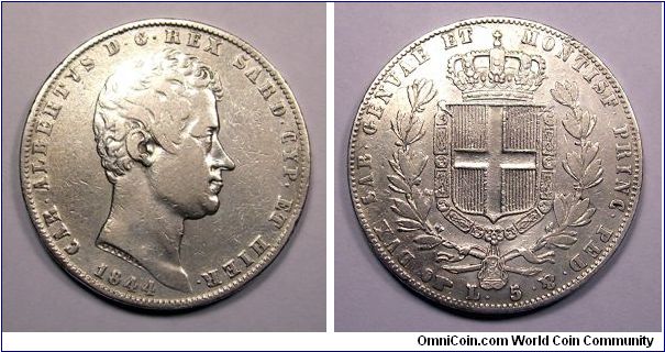 Kingdom of Sardinia.
Charles Albert (1831-1849).
5 Lire - Silver. Mint of Turin