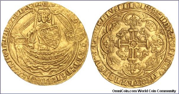 7.69 grams, 33.10 mm. London mint. Obv: Standing king on ship of state with shield and sword, in beaded circle, legends around. Rev: Ornamental floriated cross in octylobe,  beaded circle, lions and crowns at angles, legends around.  Even light yellow gold, nicely struck in all quarters though somewhat granular at rims, scattered obverse marks. 
From the John H. Clapp Collection; Clapp estate to Louis E. Eliasberg, Sr., 1942.