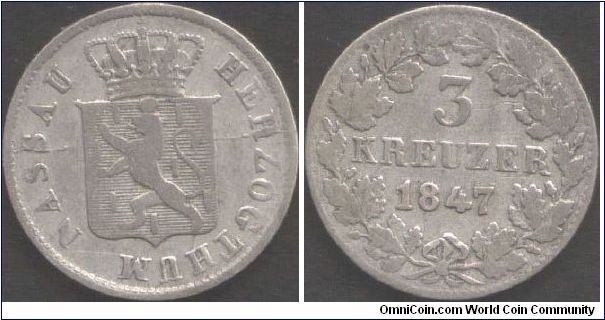 Nassau - silver 3 Kreuzer. Nice example of an obverse die split running from 2nd S in Nassau through to other rim.