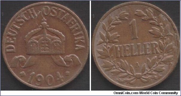 German East Africa - 1 Heller. `A' mint mark.