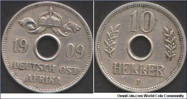German East Africa - 10 Heller in copper nickel. `J' mint mark.