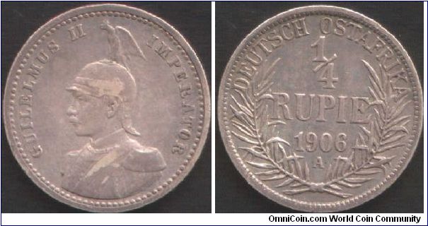 German East Africa - Silver 1/4 rupie. `A' mint mark