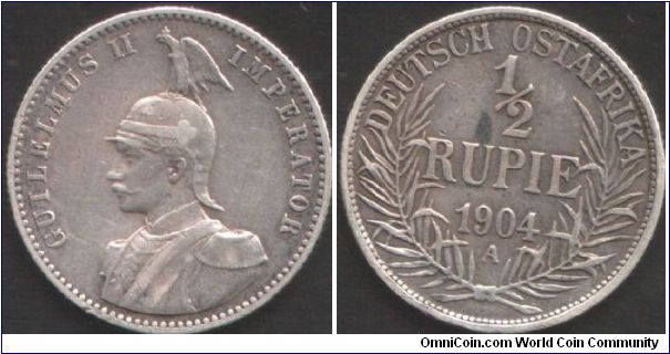 German East Africa - Silver 1/2 rupie. `A' mint mark