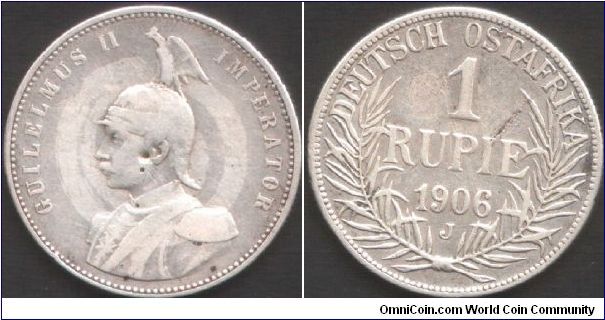 German East Africa - Silver rupie. `J' mint mark. Not quite VF