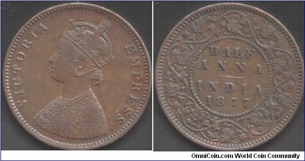 1877 B/II Half Anna. Nice large copper of Victoria as Empress of India. This date is apparently much sought after for this type in India.