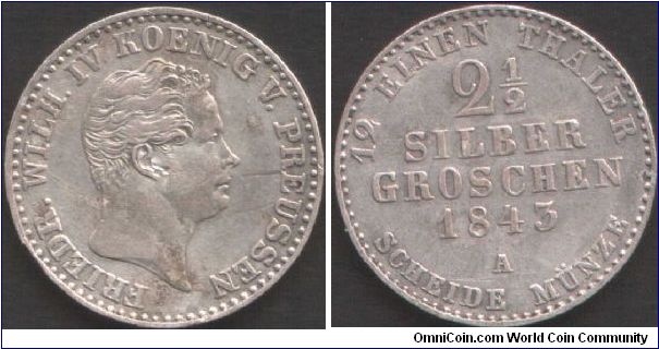 Prussia - 1843A 2 1/2 silber groschen