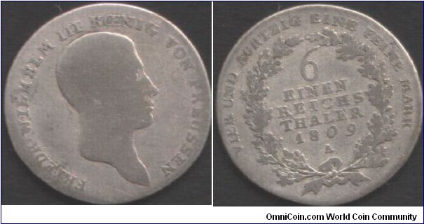 Prussia - 1809 silver 1/6th thaler. Napoleonic era.