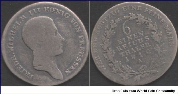 Prussia - 1812 silver 1/6th thaler. Napoleonic era.