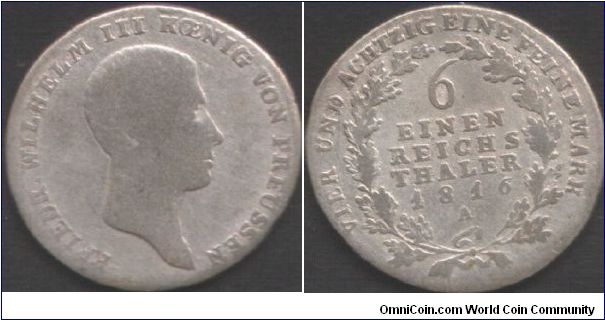Prussia - 1816 silver 1/6th thaler. Napoleonic era.