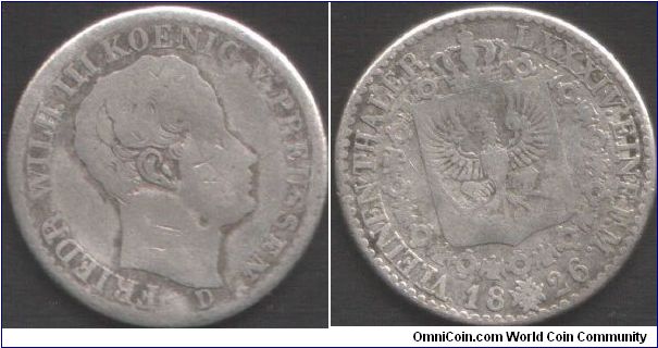 Prussia - 1826D silver 1/6th thaler.