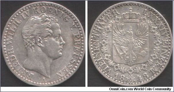 Prussia - 1848 silver 1/6th thaler.