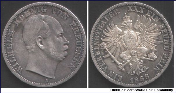 Prussia - 1868A thaler. Not quite EF obverse