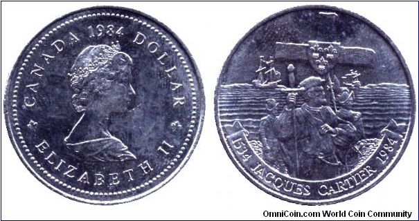 Canada, 1 dollar, 1984, Ni, Queen Elizabeth II, 1534-1984 Jacques Cartier.                                                                                                                                                                                                                                                                                                                                                                                                                                          
