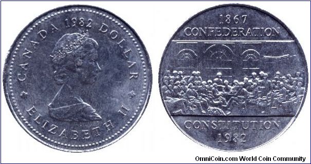 Canada, 1 dollar, 1982, Ni, Queen Elizabeth II, 1867-1982, Confederation -Constitution.                                                                                                                                                                                                                                                                                                                                                                                                                             