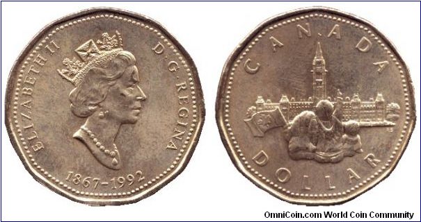 Canada, 1 dollar, 1992, Ni-Bronze, 11 sided, Queen Elizabeth II, 1867-1992, 125th Anniversary of Canada.                                                                                                                                                                                                                                                                                                                                                                                                            