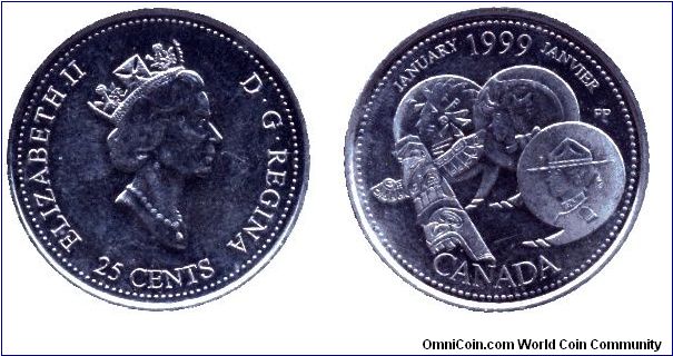 Canada, 25 cents, 1999, Ni, Queen Elizabeth II, January, Motifs of the Development of Canada: Totem column, Explorer, GRC member. Design by Peter Ka-Kin Poon.                                                                                                                                                                                                                                                                                                                                                      