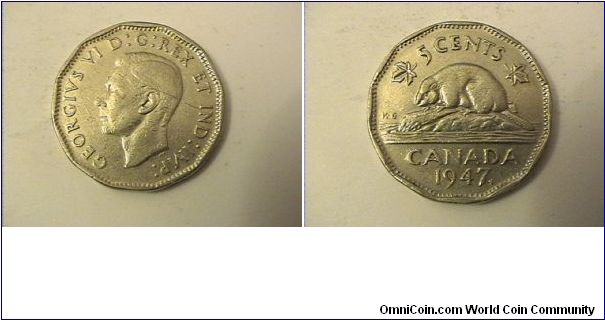 GEORGIVS VI DG REX ET IND IMP 
5 CENTS CANADA
1947-maple leaf
nickel